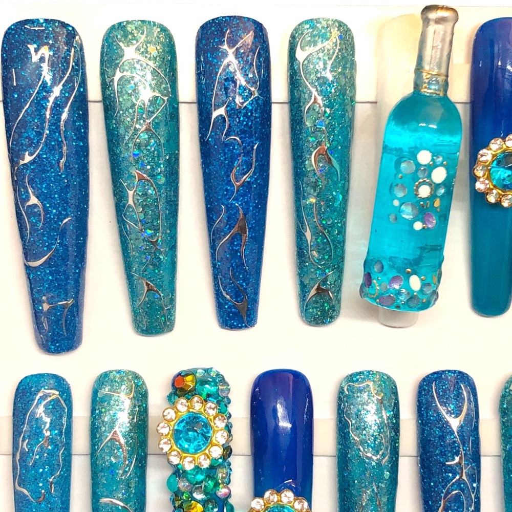 Handmade Press On Nails 2X Long Coffin Custom Hypnotic Blue Nails Full S… - Picture 6 of 10